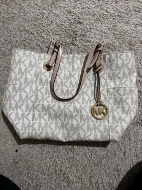 Michael Kors Cream Logo Tote with Pink-Tan Trim